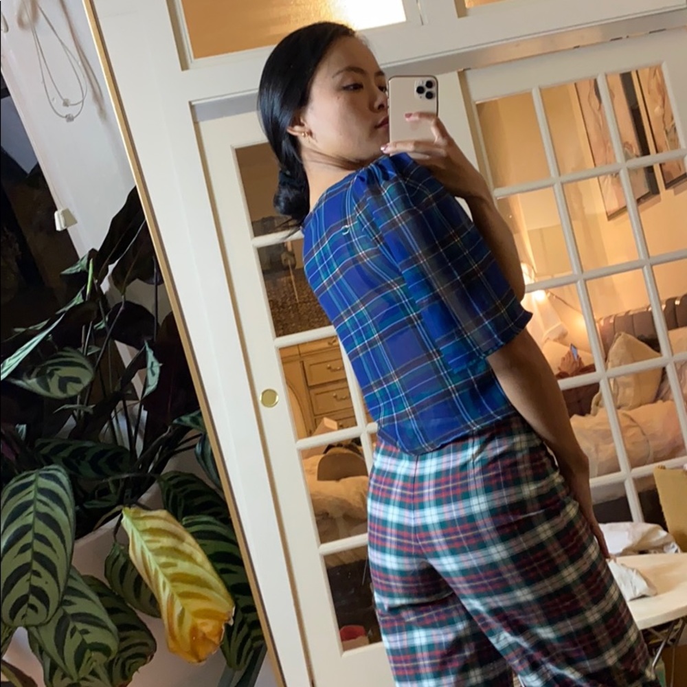 American Apparel Cropped Plaid Chiffon Top - Picture 7 of 8